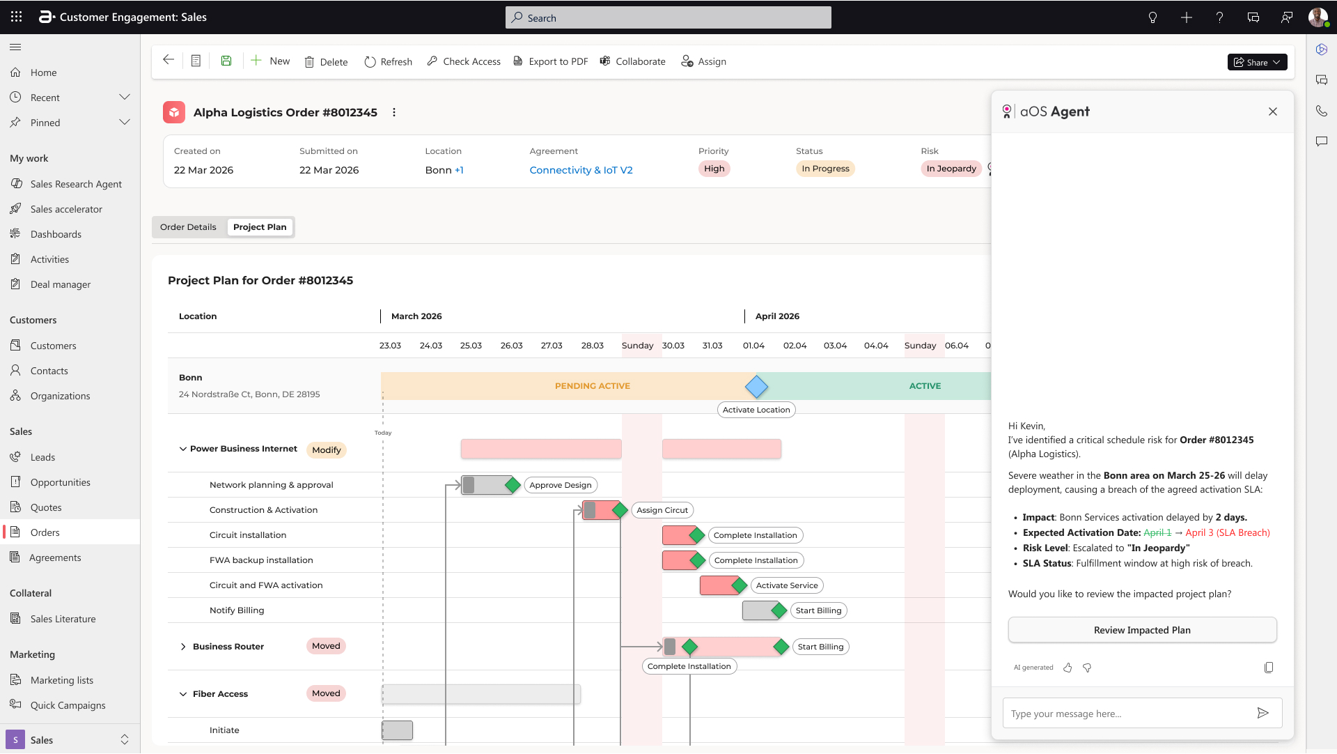 The alert arrives in the interface - Risk: In Jeopardy badge on the Gantt bar