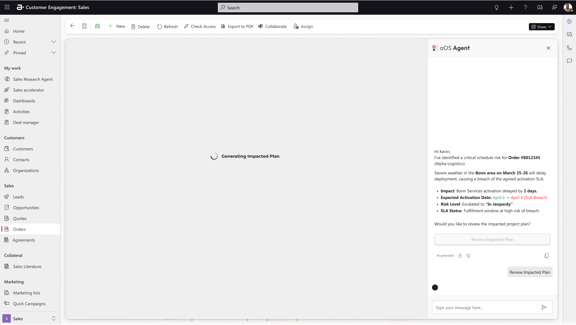 Agent loading state showing Contacting Service Delivery Agent