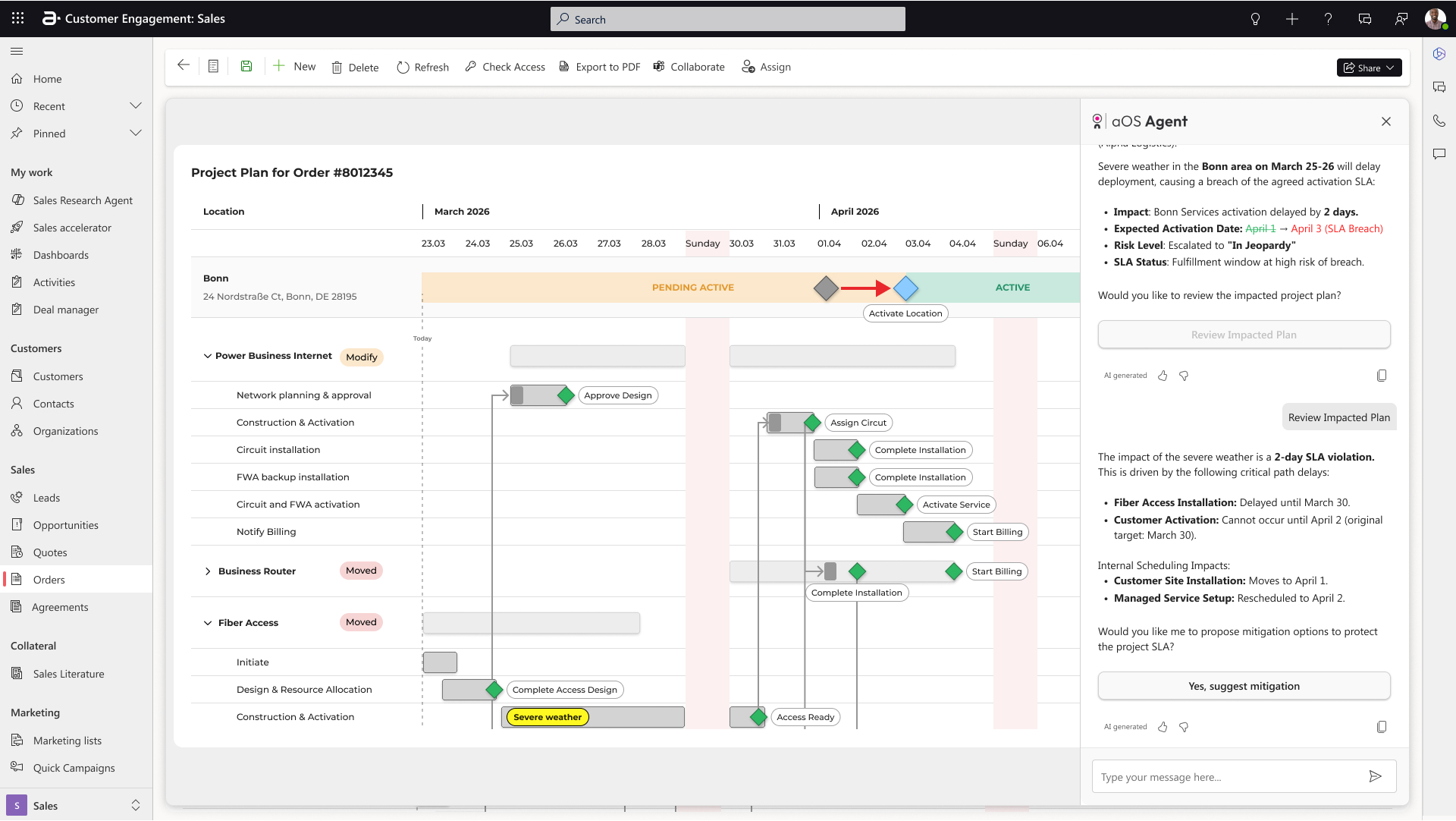 Gantt with risk highlight and AI agent analysis panel showing root cause and SLA impact