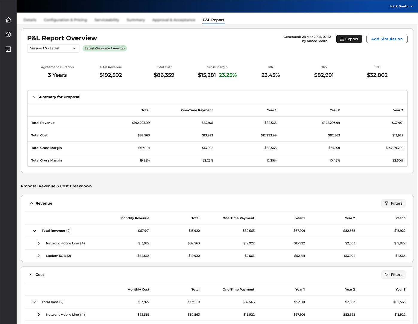 P&L Report - final redesign: KPI header bar, version selector, structured simulation comparison with delta indicators