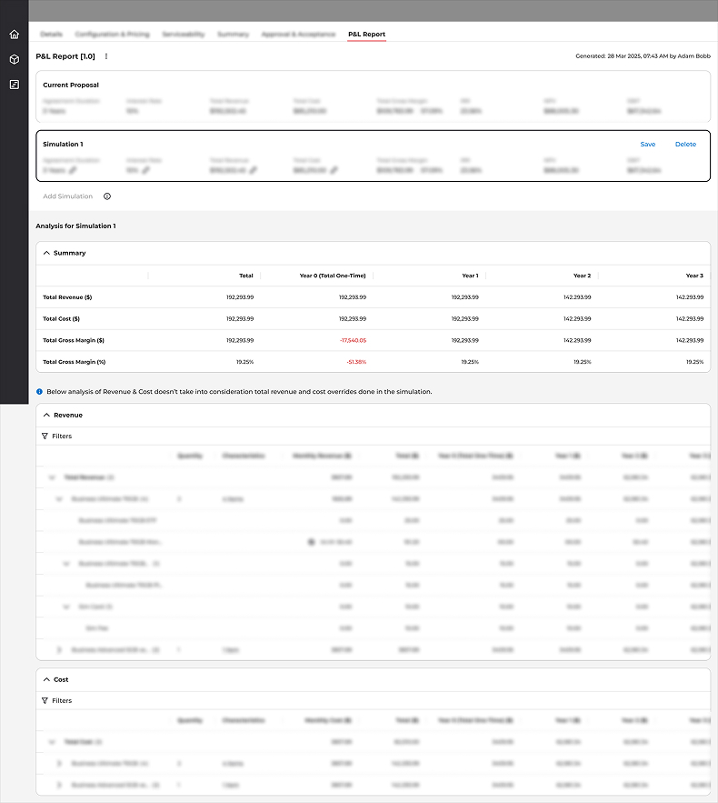 P&L Report - original design: dense flat table, version hidden in three-dot menu, no hierarchy