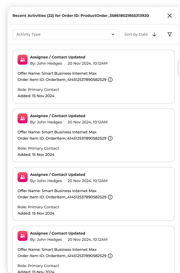 Original activity log drawer - generic audit trail with identical entries and no hierarchy