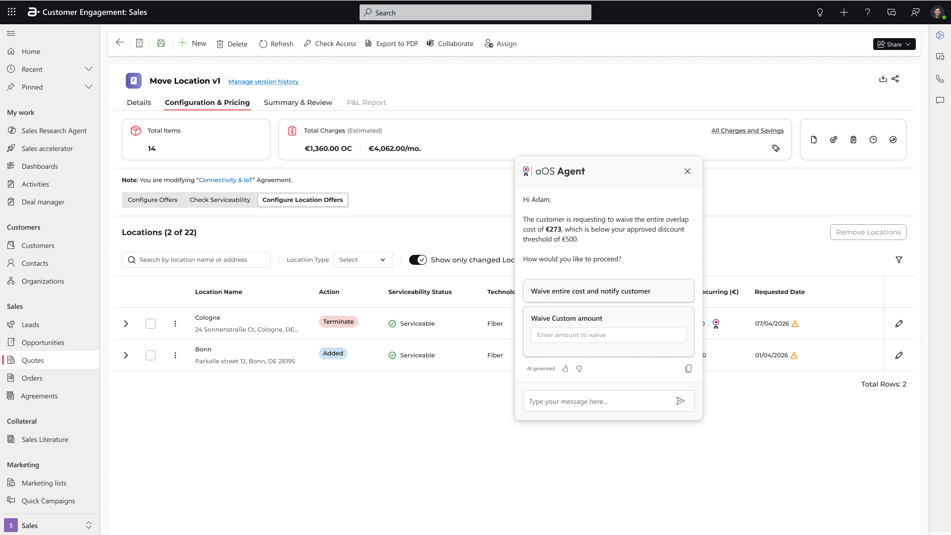 aOS Agent panel surfacing an in-flow decision about waiving an overlap cost during CPQ configuration