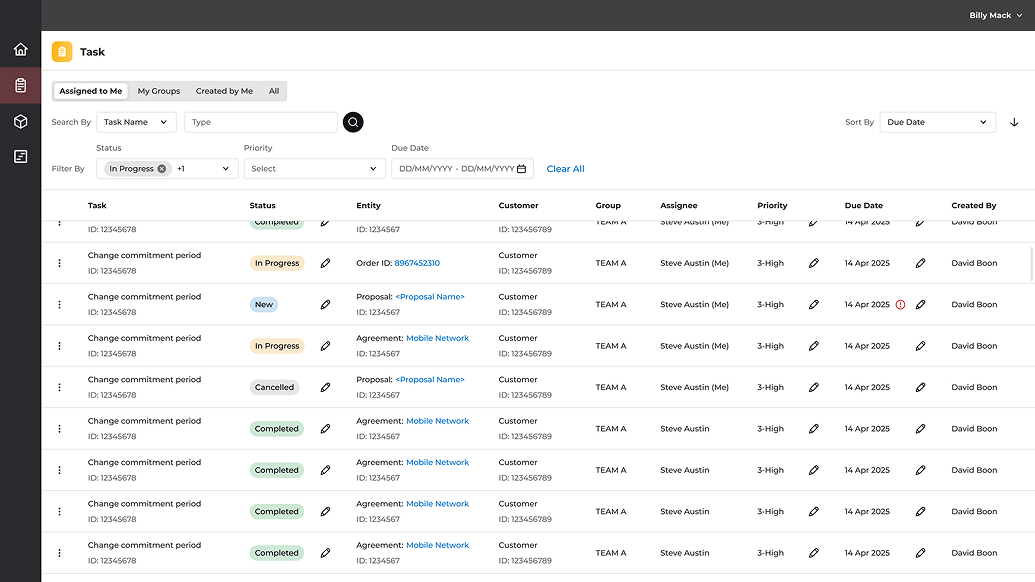 Task Management - original design: dense flat table with no visual hierarchy