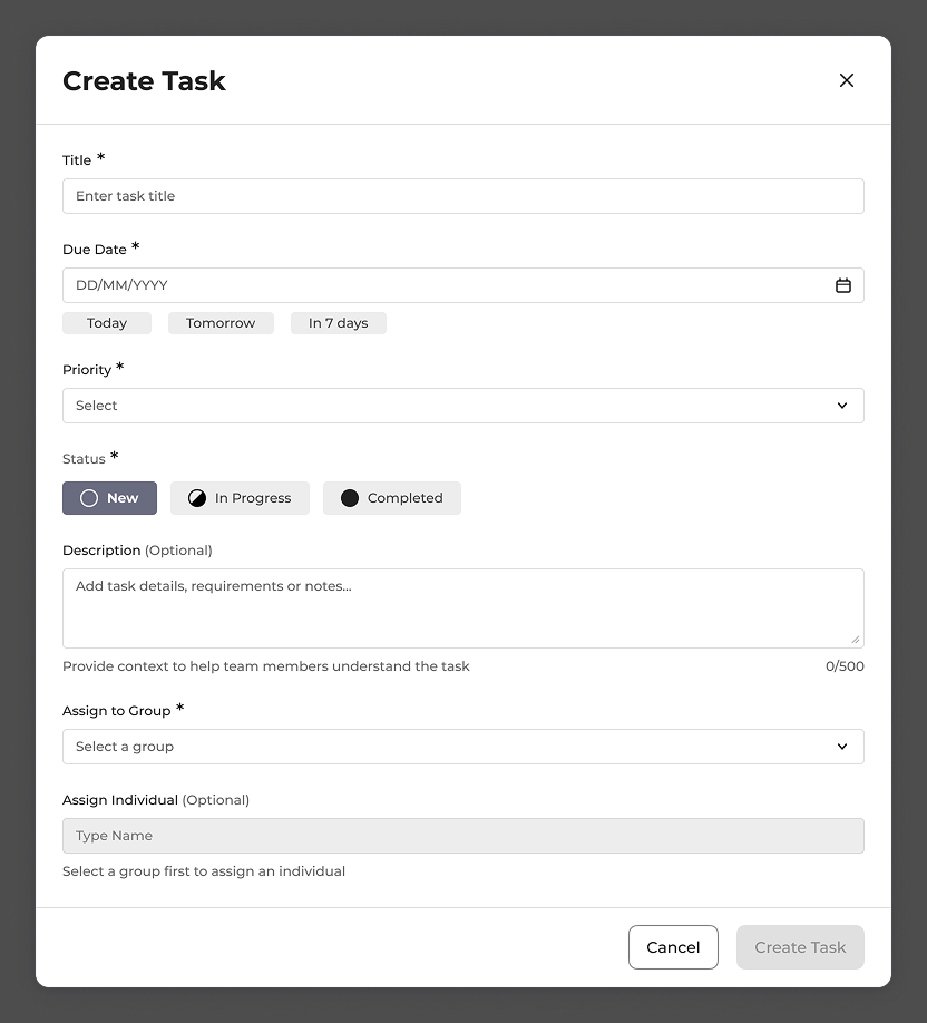 Task Management - redesigned Create Task modal with segmented status control and quick-pick date shortcuts
