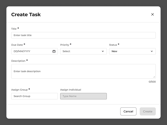 Task Management - original Create Task modal with generic form fields and no smart defaults